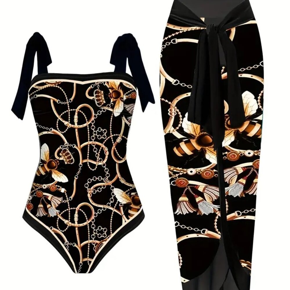 2 PC-piece Swimsuit with Cover Up, Curvy Size Chain Pattern Beach One-piece